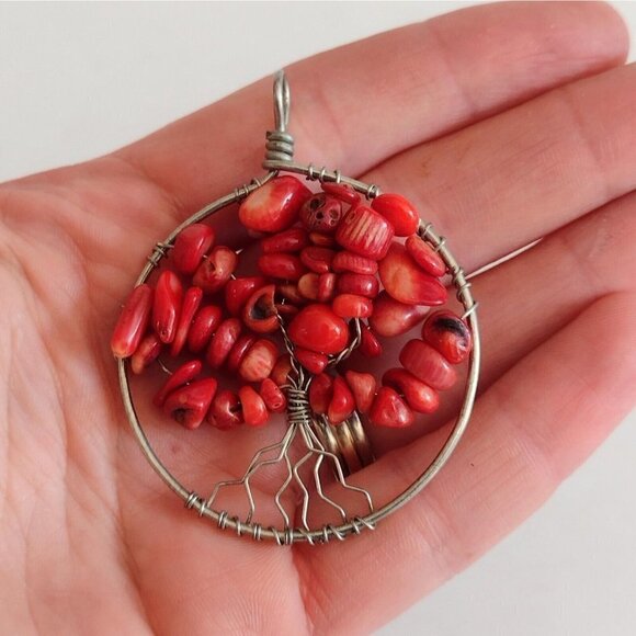 Tree Of Life Wire Wrap Pendant Red Stone Silver Tone - Picture 1 of 4